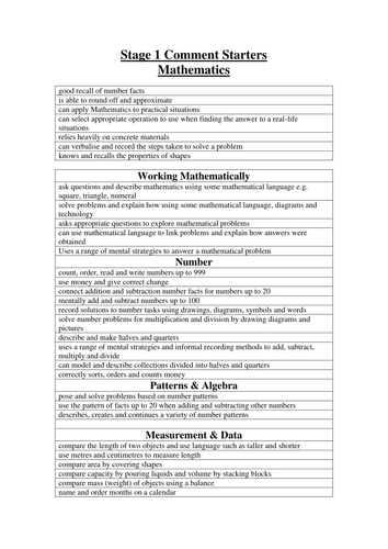 Stage 1 Mathematics Comment Starters