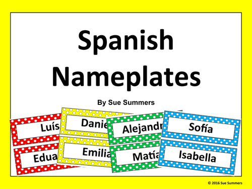 Spanish Nameplates in 2 Sizes with Colorful Polka Dot Backgrounds