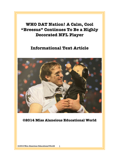 Informational Text: WHO DAT Nation: Drew Brees~ A Highly Decorated NFL Player!