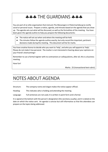Meeting Minutes and Agenda Task based on I am the Messenger