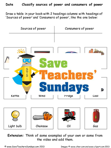 Sources and Consumers of Power KS2 Lesson Plan and Worksheet