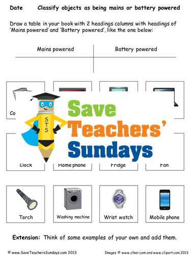 Mains or Battery Powered KS2 Lesson Plan and Worksheet