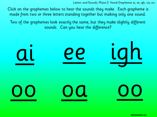 Phonics - Letters and Sounds, Phase 3 Vowel Graphemes ai, ee, igh, oa