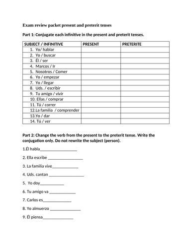 Exam review packet present and preterit tenses