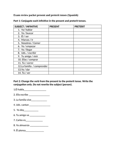 Exam review packet present and preterit tenses