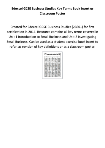 Edexcel GCSE Business Studies Key Terms Book Insert or Classroom Poster