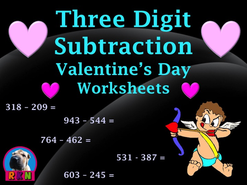Three Digit Subtraction Worksheets - Valentine's Day Themed - Horizontal