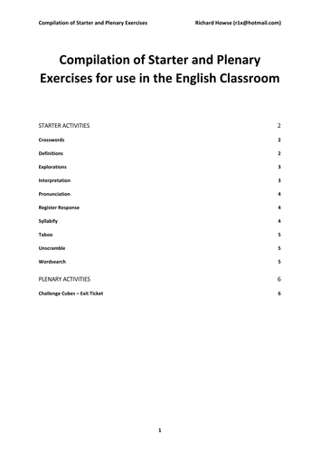 Compilation of Starter and Plenary Exercises for English
