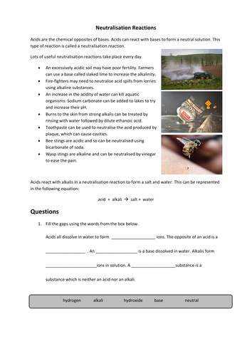 Neutralisation Réactions Worksheet