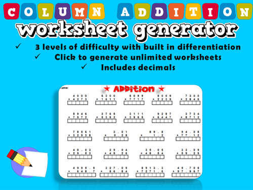 Column Addition Worksheet Generator