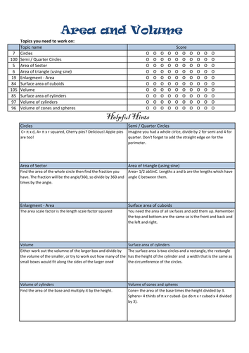 Area and Volume Revision / Homework Sheets