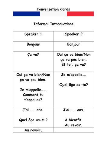 French Introduction Conversation Cards Teaching Resources