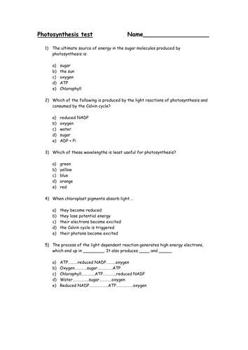 Photosynthesis multiple choice test