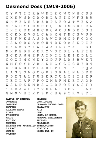 Desmond Doss (Hacksaw Ridge) Word Search