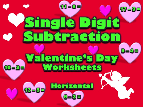Single Digit Subtraction - Valentine's Day - Horizontal