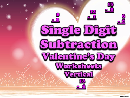 Single Digit Subtraction - Valentine's Day - Vertical