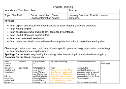 Fire of London - writing commands - English unit of work