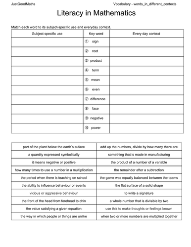 Match mathematical words  to their meaning(s) - ten homonyms.