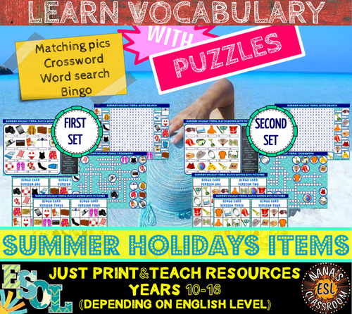 SUMMER HOLIDAYS ITEMS (ESL): 8 VOCABULARY PUZZLES