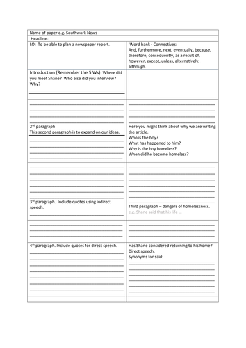 News report planning sheet ks2 picture