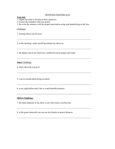 Correcting Sentences - Quick Assessment Worksheet