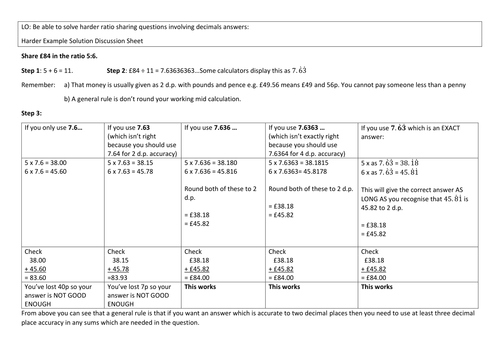 Sharing in a given ratio and getting decimal answers questions and worksheets