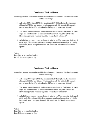 Work and power calculations worksheet | Teaching Resources