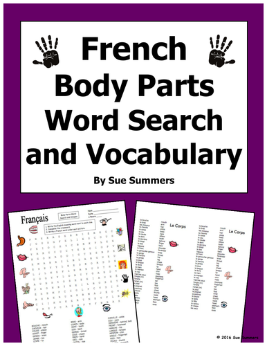 French Body Parts Word Search Puzzle and Image IDs Worksheet, and Vocabulary