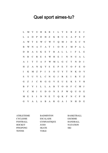 Quel sport aimes-tu?  Wordsearch