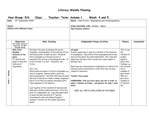 Year 5 and 6 Biographies Planning