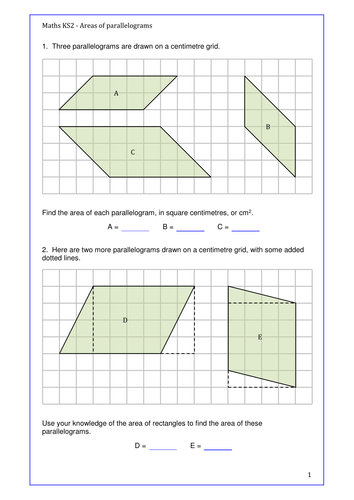 Maths KS2 Area of Parallelograms.  Set of activities to engage the learners. Year 6 and above.