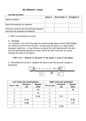 Physics GCSE Moments,leveled questions and answers. Ideal for differentiation
