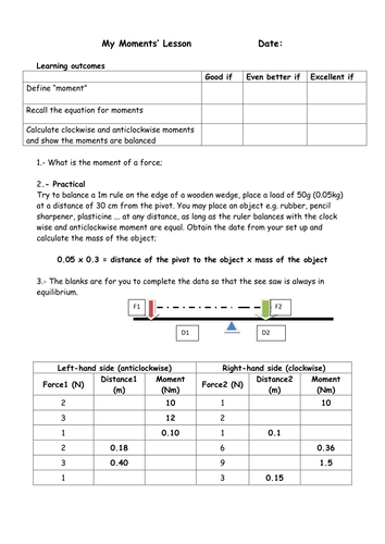 Physics High School moments and the condition of equilibrium tasks and assessment.