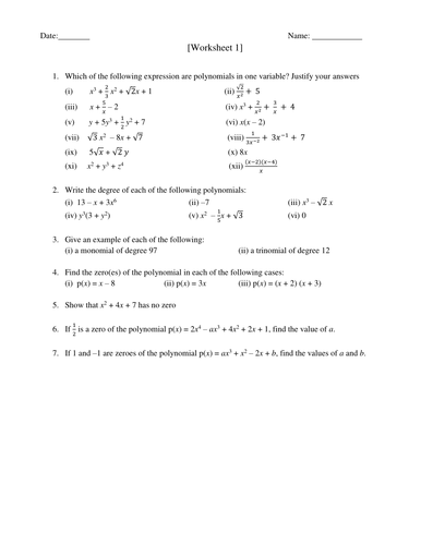 Polynomial Worksheet