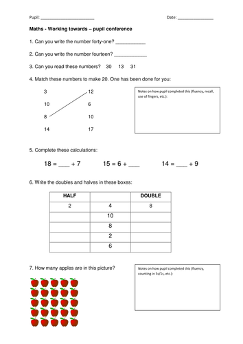 KS1 Working Towards in maths - pupil conference form