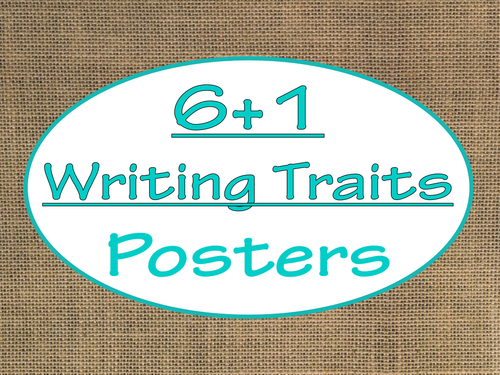 6+1 Writing Traits  Bulletin Board Signs/Posters (Burlap and Turquoise)