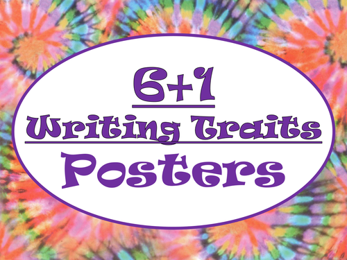 6+1 Writing Traits  Bulletin Board Signs/Posters (Tie Dye/Purple)