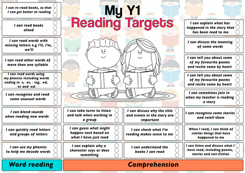 Child Friendly Pupil Reading Target Sheet Year 1