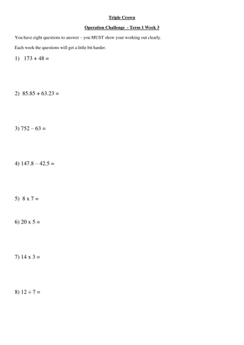 Year 6 arithmetic weekly challenges