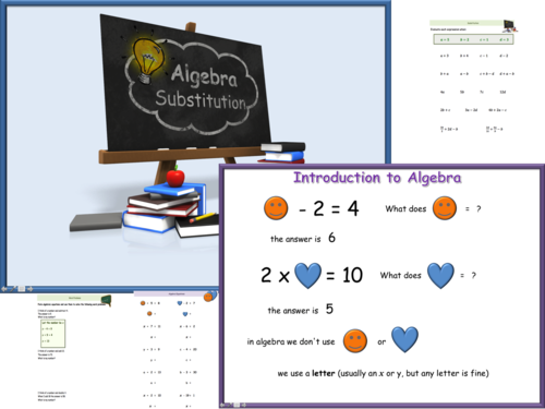 BUNDLE - Simple Algebra - Substitution, Equations animated PowerPoints L2/GCSE
