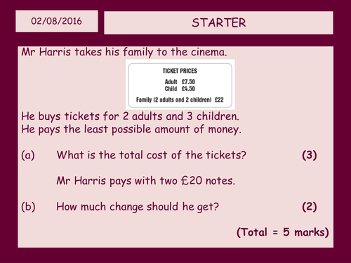 Functional Maths Starter GCSE questions