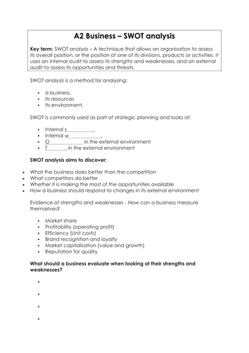 AS A2 Business SWOT analysis worksheet