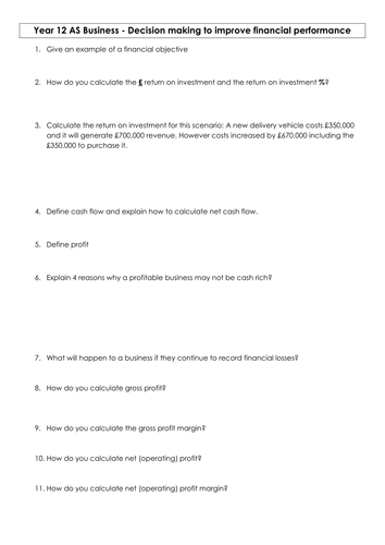 AQA AS Business finance worksheet revision to go with the powerpoint
