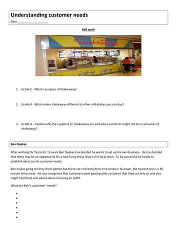 GCSE Business worksheet - understanding customer needs and wants