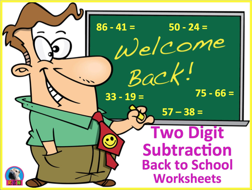 Two Digit Subtraction Worksheets - Back to School Themed - Horizontal