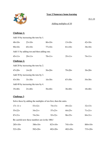 Weekly maths homework sheets for Year 2