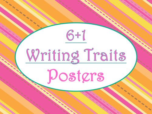 6+1 Writing Traits  Bulletin Board Signs/Posters (Tangerine & Hot Pink)