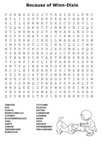 Because of Winn Dixie Word Search and Color