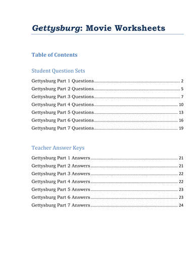 Gettysburg Movie Worksheets / Gettysburg Movie Quizzes / Gettysburg Movie Tests