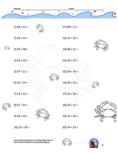 Two Digit Addition Worksheets with Ocean Animals - (15 pages) - Horizontal